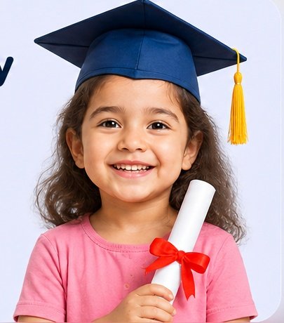 Confident preschool child in graduation cap