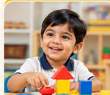 Little Nestians preschool child building with colorful blocks